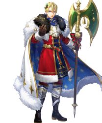 Rule 34 | 1boy, argon (exys), bell, black footwear, blonde hair, blue cape, blue eyes, brown gloves, cape, dimitri alexandre blaiddyd, dimitri alexandre blaiddyd (blessed protector), fire emblem, fire emblem: three houses, fire emblem heroes, fur-trimmed cape, fur trim, gloves, hair ornament, halberd, highres, holly, holly hair ornament, looking at viewer, male focus, multicolored cape, multicolored clothes, nintendo, non-web source, official alternate costume, official art, parted bangs, polearm, smile, solo, weapon, white cape