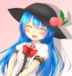 Rule 34 | 1girl, :d, ^ ^, blue hair, blush, bow, bowtie, breasts, collared shirt, closed eyes, facing viewer, food, food on head, fruit, fruit on head, hakuhyou ito, hat, hinanawi tenshi, long hair, object on head, open mouth, peach, puffy sleeves, shirt, small breasts, smile, solo, touhou, v arms