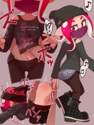 Rule 34 | !?, 1boy, 1girl, bar censor, beanie, black pants, black shirt, censored, clothes pull, doggystyle, eyebrows, groping, hand in pants, hat, highres, inkling (language), long sleeves, mask, motion lines, mouth mask, musical note, nintendo, octoling player character, organ rn, pants, pants pull, penis, pink hair, pointy ears, red eyes, sequential, sex, sex from behind, shirt, shoes, short hair, solo focus, splatoon (series), splatoon 2, spoken interrobang, spoken musical note, tentacle hair, top-down bottom-up, trembling, vaginal