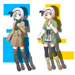 Rule 34 | 1girl, alternate costume, alternate hair color, blue eyes, blush, bob cut, boots, casual, coat, collarbone, contemporary, drop shadow, dual persona, fashion, female focus, full body, hair ornament, hair ribbon, hairclip, hand on own chest, highres, konpaku youmu, long sleeves, looking at viewer, matsumoto aya, multiple views, open clothes, open shirt, pink hair, ribbon, sash, scarf, shadow, shirt, short hair, shorts, simple background, sleeves past wrists, smile, striped, striped background, thighhighs, touhou, variations, white background, white hair