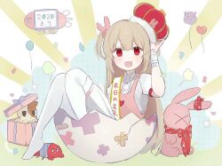 Rule 34 | &gt; &lt;, 1girl, :d, apron, balloon, bandaged wrist, bandages, bandaid, blush, cat, center frills, collared dress, commentary request, confetti, crown, dated, dress, eggshell, frills, full body, hair ornament, hand up, heart, heart balloon, heart print, holding, birthday sash, light brown hair, long hair, looking at viewer, natori sana, neku01n, open mouth, pink apron, puffy short sleeves, puffy sleeves, rabbit hair ornament, red eyes, sana channel, sash, short sleeves, shoulder sash, shrimp, sitting, smile, solo, stuffed animal, stuffed rabbit, stuffed toy, thighhighs, two side up, virtual youtuber, white dress, white thighhighs