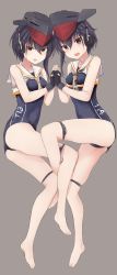 Rule 34 | 10s, 2girls, absurdres, ass, asymmetrical hair, barefoot, black hair, breasts, brown eyes, clothes writing, crop top, framed breasts, full body, gloves, grey background, hair between eyes, hat, headphones, heads together, highres, holding hands, i-13 (kancolle), i-14 (kancolle), interlocked fingers, kantai collection, leg up, looking at viewer, medium breasts, multiple girls, one-piece swimsuit, open mouth, partially fingerless gloves, round teeth, sailor collar, school swimsuit, short hair, siblings, sidelocks, simple background, sisters, swimsuit, teeth, yuki (yukin0128)