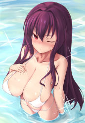 Rule 34 | 1girl, ayumu (ayumu3659), bikini, blush, breasts, closed mouth, fate/grand order, fate (series), from above, highres, huge breasts, long hair, looking to the side, one eye closed, partially submerged, purple hair, red eyes, scathach (fate), solo, sparkle, swimsuit, wading, water, wet, white bikini
