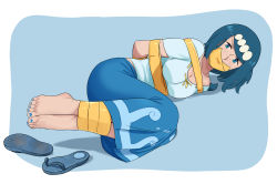 Rule 34 | 1girl, absurdres, arms behind back, bdsm, blue eyes, blue hair, bondage, bound, bound ankles, bound arms, bound wrists, breasts, cleavage, creatures (company), foot focus, freckles, gag, gagged, game freak, highres, improvised gag, lana&#039;s mother (pokemon), lost one zero, mature female, nail polish, nintendo, pokemon, pokemon (anime), pokemon sm (anime), shoes, unworn shoes, tape, tape bondage, tape gag, toenail polish, toenails