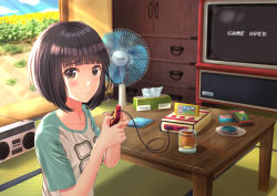 Rule 34 | 1girl, absurdres, akiyama0818, black eyes, black hair, blunt bangs, blush, controller, cup, day, electric fan, famicom, game console, game controller, game over, highres, indoors, plate, radio, shirt, short sleeves, solo, t-shirt, table, tatami, television, tissue box