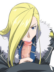 Rule 34 | 00s, 1girl, :&gt;=, blonde hair, blue eyes, censored, fellatio, fullmetal alchemist, hair over one eye, lips, lipstick, long hair, looking at viewer, makeup, military, military uniform, mosaic censoring, olivier mira armstrong, oral, penis, pov, solo focus, uniform, youkan