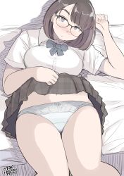 Rule 34 | 1girl, absurdres, breasts, brown hair, clothes lift, commentary request, glasses, grey eyes, hadashi no kenji, hand up, highres, large breasts, lifted by self, looking at viewer, lying, medium hair, on back, on bed, original, panties, plaid, plaid skirt, shirt, short hair, short sleeves, sketch, skirt, skirt lift, underwear, uniform, white panties, white shirt