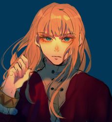 Rule 34 | 1boy, androgynous, blonde hair, blue background, blue eyes, canute, cape, collar, eyebrows, eyelashes, highres, long hair, looking at viewer, male focus, playing with own hair, prince, red cape, shiny skin, sidelocks, simple background, viking, vinland saga