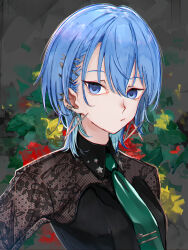 Rule 34 | 1girl, absurdres, blue eyes, blue hair, breasts, ear piercing, earrings, hair ornament, hairclip, highres, hololive, hoshimachi suisei, jewelry, looking at viewer, medium hair, necktie, piercing, see-through, short hair, small breasts, solo, toro3, virtual youtuber, wolf cut
