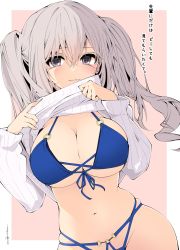 Rule 34 | 1girl, bikini, blue bikini, blush, breasts, cleavage, closed mouth, clothes lift, commentary request, grey eyes, grey hair, highres, kantai collection, kashima (kancolle), large breasts, lifted by self, long hair, long sleeves, looking at viewer, o-ring, o-ring bikini, ribbed sweater, sakakiba misogi, signature, simple background, solo, sweater, sweater lift, swimsuit, translation request, twintails, two-tone background, white sweater