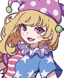 Rule 34 | 1girl, absurdres, american flag, american flag dress, american flag print, american flag shirt, blonde hair, clownpiece, dress, frilled shirt collar, frills, hat, highres, jester cap, kame (kamepan44231), long hair, looking at viewer, neck ruff, no wings, one-hour drawing challenge, polka dot, polka dot headwear, print shirt, purple hat, red eyes, simple background, smile, solo, star (symbol), star print, striped clothes, striped dress, touhou, very long hair, white background
