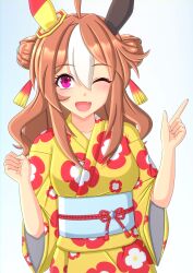 Rule 34 | 2-butani, absurdres, ahoge, animal ears, blush, brown hair, commentary request, copano rickey (umamusume), ear covers, ear ornament, fang, floral print, hair between eyes, hair ornament, highres, horse ears, horse girl, horse tail, japanese clothes, kimono, lantern, long hair, looking at viewer, multicolored hair, obi, one eye closed, open mouth, pink eyes, pointing, print kimono, sash, simple background, single ear cover, smile, streaked hair, tail, tassel, tassel hair ornament, two-tone hair, umamusume, white background, white hair, yellow kimono, yukata