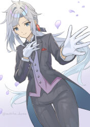 Rule 34 | 1girl, a (xenoblade), alternate costume, alternate hairstyle, black coat, black necktie, black pants, butler, closed mouth, coat, cowboy shot, female butler, foreshortening, formal, gloves, hand on own chest, highres, long hair, looking at viewer, necktie, pant suit, pants, ponytail, simple background, smile, solo, suit, tailcoat, vest, white background, white gloves, xenoblade chronicles (series), xenoblade chronicles 3, yanagimachi