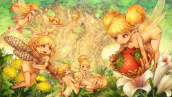 Rule 34 | 6+girls, :d, ass, barefoot, basket, bent over, blonde hair, closed eyes, dandelion, dragon&#039;s crown, dress, fairy, fairy wings, feet, female focus, fetal position, flower, food, forest, fruit, game cg, happy, highres, lily (flower), long hair, mini person, minigirl, multiple girls, nature, open mouth, outdoors, plant, pointy ears, red eyes, shigatake, short dress, short hair, short twintails, sleeping, smile, strapless, strapless dress, strawberry, tiki (dragon&#039;s crown), tree, twintails, wide hips, wings