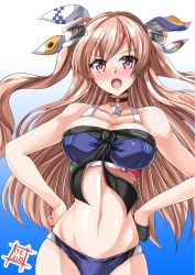 Rule 34 | 1girl, bikini, black gloves, blue background, blue bikini, blush, breasts, brown eyes, choker, cleavage, commentary request, cowboy shot, gloves, gradient background, hair ornament, hair ribbon, hands on own hips, highres, johnston (kancolle), kantai collection, kentan (kingtaiki), light brown hair, long hair, looking at viewer, medium breasts, navel, one-hour drawing challenge, ribbon, single glove, solo, swimsuit, two side up
