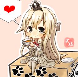 Rule 34 | 10s, 1girl, artist name, black eyes, blonde hair, chibi, commentary request, crown, cup, dress, hairband, heart, highres, holding, holding cup, kantai collection, long hair, long sleeves, mini crown, off-shoulder dress, off shoulder, sitting, smile, solo, speech bubble, spoken heart, taisa (kari), tea, teacup, warspite (kancolle), white dress