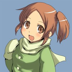Rule 34 | 1girl, :d, aaaa (quad-a), bad id, bad pixiv id, blue background, brown eyes, brown hair, mittens, open mouth, original, portrait, scarf, side ponytail, simple background, smile, solo
