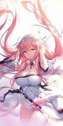 Rule 34 | 1girl, absurdres, azur lane, breasts, cleavage, detached sleeves, dress, frilled hairband, frills, hairband, highres, large breasts, long hair, looking at viewer, low twintails, pdxen, perseus (azur lane), pink eyes, pink hair, solo, thighhighs, twintails, white dress, white thighhighs, wide sleeves
