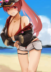 Rule 34 | 1girl, baseball cap, beach, bikini, bikini under clothes, black jacket, breasts, cleavage, commentary request, dolphin shorts, earrings, grin, hat, heterochromia, highres, hololive, houshou marine, houshou marine (summer), jacket, jewelry, large breasts, long hair, mi-nu, necklace, o-ring, o-ring thigh strap, off shoulder, ponytail, red bikini, red hair, shorts, smile, solo, swimsuit, thigh strap, tinted eyewear, twitter username, virtual youtuber, zipper