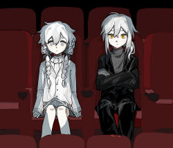 Rule 34 | 1boy, 1girl, black jacket, black pants, braid, charlotte wiltshire (q84), closed mouth, crossed arms, expressionless, grey shirt, grey skirt, hello charlotte, jacket, long hair, looking at viewer, low ponytail, movie theater, pale skin, pants, sesam344, shirt, sitting, skirt, sweater, turtleneck, twin braids, vincent wordsworth, white sweater