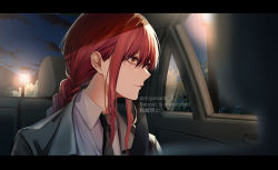Rule 34 | 1girl, black necktie, braid, braided ponytail, car interior, chainsaw man, closed mouth, highres, jacket, long hair, looking at viewer, makima (chainsaw man), miyanami 3, necktie, ponytail, red hair, ringed eyes, shirt, solo, twitter username, white shirt, yellow eyes