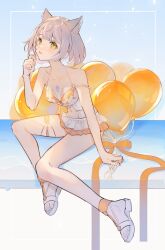 Rule 34 | 1girl, animal ears, balloon, bikini, breasts, cat ears, chest jewel, commentary, commentary request, full body, highres, holding, holding balloon, looking at viewer, mio (xenoblade), mirin., navel, official alternate costume, parted lips, sandals, simple background, sitting, small breasts, solo, swimsuit, toes, white hair, xenoblade chronicles (series), xenoblade chronicles 3, yellow eyes
