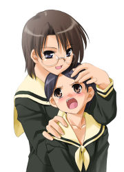 Rule 34 | 00s, 2girls, annoyed, black hair, blush, brown hair, collarbone, glasses, hand on another&#039;s head, hand on shoulder, height difference, hug, hug from behind, long sleeves, looking at viewer, looking up, maria-sama ga miteru, multiple girls, open mouth, school uniform, serafuku, short hair, shoulder grab, simple background, size difference, takeshima tsutako, white background, yamaguchi mami