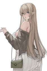 Rule 34 | 1girl, absurdres, bag, black jacket, blush, braid, breasts, brown hair, closed mouth, cowboy shot, dress, from behind, green eyes, hair ornament, hairclip, handbag, highres, jacket, large breasts, long hair, long sleeves, looking at viewer, looking back, milephunter, off shoulder, open clothes, open jacket, original, side braid, sideboob, sign, simple background, solo, strap slip, very long hair, white background, white dress