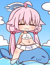 Rule 34 | 1girl, ahoge, bare arms, bare shoulders, barefoot, bikini, blue archive, blue sky, blush, breasts, chibi, closed eyes, closed mouth, cloud, collarbone, day, facing viewer, frilled bikini, frills, groin, hair between eyes, hair bobbles, hair ornament, halo, hana kazari, highres, horizon, hoshino (blue archive), hoshino (swimsuit) (blue archive), inflatable dolphin, inflatable toy, long hair, low twintails, navel, ocean, outdoors, pink hair, sitting, sky, small breasts, solo, straddling, swimsuit, twintails, very long hair, water, wavy mouth, white bikini