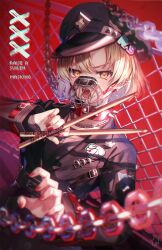 Rule 34 | 1girl, bang dream!, black dress, black headwear, blonde hair, chain, chain necklace, collar, dress, drumsticks, hat, highres, holding, holding drumsticks, jewelry, long sleeves, military hat, muzzle, necklace, nurumi p, red nails, sato masuki, short hair, spiked collar, spikes, yellow eyes