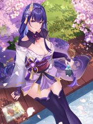 Rule 34 | 1girl, absurdres, breasts, cherry blossoms, cleavage, dango, feet out of frame, food, genshin impact, grass, hair ornament, highres, japanese clothes, kimono, large breasts, lingshalan, long hair, looking at viewer, obi, off shoulder, petals, purple eyes, purple hair, purple kimono, raiden shogun, red sash, sanshoku dango, sash, sitting, smile, solo, thighs, very long hair, wagashi, water