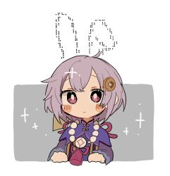 Rule 34 | 1girl, ahoge, bead necklace, beads, blush, coin hair ornament, commentary request, cropped torso, genshin impact, grey background, hair ornament, highres, jewelry, long sleeves, looking at viewer, meme, necklace, purple eyes, purple hair, qiqi (genshin impact), short hair, solo, surapuni 5, twitter rabbit ears (meme), two-tone background, white background