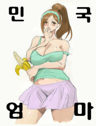 Rule 34 | 1girl, banana, breasts, female focus, food, fruit, korean text, large breasts, mature female, min-gook&#039;s mother, skirt, solo, tagme, white background