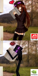 Rule 34 | 1girl, ander (at2.), at2., black skirt, black thighhighs, blush, brown hair, closed eyes, enderman, garter straps, heart, highres, jpeg artifacts, long hair, minecraft, nvidia, open mouth, personification, pleated skirt, radeon, skirt, smile, thighhighs, very long hair