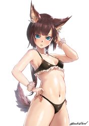 Rule 34 | 1girl, animal ear fluff, animal ears, arm up, bikini, black bikini, blue eyes, bracelet, breasts, brown hair, closed mouth, commentary request, cowboy shot, frilled bikini, frills, fur trim, hand in own hair, hand on own hip, hanekura bou, highres, jewelry, long hair, looking at viewer, md5 mismatch, navel, original, red ribbon, resolution mismatch, ribbon, simple background, small breasts, solo, source smaller, standing, stomach, swimsuit, tail, twintails, twitter username, white background