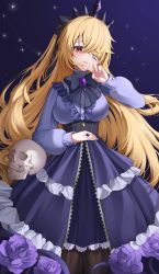 Rule 34 | 1girl, absurdres, bad id, bad twitter id, black pantyhose, blonde hair, blush, breasts, brown eyes, dress, eyepatch, fischl (genshin impact), flower, genshin impact, gothic lolita, hair ornament, hand on own face, highres, jewelry, large breasts, lolita fashion, long hair, long sleeves, looking at viewer, medium breasts, pantyhose, purple dress, purple ribbon, rapi (zx4748), ribbon, ring, skull, solo, thighs