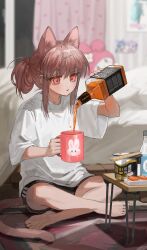 Rule 34 | 1girl, alcohol, animal ears, barefoot, black shorts, blurry, blurry background, brown hair, cat ears, cat girl, cat tail, commentary, cup, extra ears, food, frost fog, hair ornament, hairclip, hatsune miku, highres, hiiragi kagami, holding, holding cup, izumi konata, jack daniel&#039;s, lucky star, mole, mole under eye, mug, my melody, noodles, onegai my melody, open mouth, original, ramen, red eyes, sanrio, shirt, shorts, sidelocks, stuffed toy, sushi, symbol-only commentary, tail, vocaloid, whiskey, white shirt