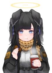 Rule 34 | :t, absurdres, animal ears, black hair, black jacket, blue archive, blush, bright pupils, brown scarf, cup, dog ears, doughnut, fingernails, food, food on face, halo, hibiki (blue archive), highres, holding, holding cup, holding food, jacket, mitsumoto amata, nail polish, pout, scarf, simple background, steam, two side up, upper body, white background