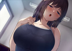 Rule 34 | 1girl, :o, absurdres, bare arms, bare shoulders, black one-piece swimsuit, blue eyes, blurry, blush, breasts, brown hair, ceiling light, collarbone, competition school swimsuit, depth of field, from below, half-closed eyes, halterneck, hand on own chest, heavy breathing, highres, indoors, karaage bou, large breasts, long hair, looking at viewer, looking down, one-piece swimsuit, open mouth, original, school swimsuit, swimsuit, upper body, wet, window