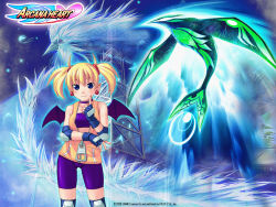 Rule 34 | 1girl, aq interactive, arcana heart, atlus, bandeau, bat wings, bike shorts, bird, blonde hair, blue eyes, blush, collar, demon girl, earrings, elbow pads, examu, finger to mouth, fingerless gloves, flat chest, gloves, glowing, hair ornament, jewelry, knee pads, lilica felchenerow, mizuki gyokuran, monster, official art, official wallpaper, open clothes, open shirt, pointing, pointy ears, shiny clothes, shirt, short hair, short twintails, smile, solo, standing, tail, tempestas, tower, twintails, unzipped, wallpaper, wings, zipper