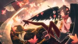Rule 34 | 1girl, ;), autumn leaves, bird wings, black hair, black pantyhose, black skirt, black wings, book, camera, closed mouth, evening, flying, from side, full body, geta, hat, highres, leaf, leaf print, maple leaf, marusan, one eye closed, outdoors, pantyhose, pointy ears, pom pom (clothes), puffy short sleeves, puffy sleeves, red eyes, red scarf, scarf, shameimaru aya, shirt, short hair, short sleeves, skirt, smile, solo, tengu-geta, tokin hat, touhou, white shirt, wings
