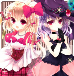 Rule 34 | 2girls, alternate costume, alternate headwear, bad id, bad pixiv id, bare shoulders, blonde hair, bow, choker, clothes grab, corset, dress, feathers, female focus, flandre scarlet, gloves, hair bow, hand to own mouth, hat, hat bow, hat feather, jewelry, multiple girls, necklace, no headwear, no headwear, pink eyes, puffy sleeves, purple hair, remilia scarlet, saichuu, short hair, siblings, side ponytail, sisters, striped, striped background, touhou
