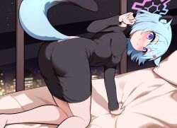 Rule 34 | 1girl, absurdres, all fours, animal ear fluff, animal ears, ass, bed, black dress, blue archive, blue hair, bluerabbit gap, blush, breasts, closed mouth, dress, ear piercing, hair between eyes, halo, highres, indoors, looking at viewer, looking back, medium breasts, on bed, piercing, purple eyes, shigure (blue archive), short hair, smile, solo, tail, weasel ears, weasel girl, weasel tail