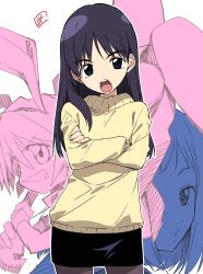 1girl animal_ears black_hair crossed_arms flcl haruhara_haruko highres long_hair multiple_girls ninamori_eri open_mouth pantyhose samejima_mamimi skirt solo sweater take_shinobu turtleneck zoom_layer