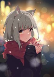 Rule 34 | 1girl, absurdres, animal ear fluff, animal ears, azur lane, backlighting, black sweater, blurry, blurry background, blush, bokeh, cat ears, cat girl, closed mouth, depth of field, glint, grey hair, heart, heart-shaped pupils, highres, inazuma (1205246), jewelry, long sleeves, looking at viewer, orange eyes, own hands together, red scarf, ring, scarf, short hair, sleeves past wrists, smile, solo, sweater, symbol-shaped pupils, upper body, yukikaze (azur lane)