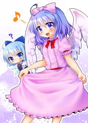 Rule 34 | 2girls, :&lt;, ?, ahoge, angel wings, blue eyes, blue hair, bow, cirno, dress, gradient background, hair bow, looking at another, looking at viewer, mai (touhou), multiple girls, musical note, namino., open mouth, power connection, puffy short sleeves, puffy sleeves, ribbon, short hair, short sleeves, skirt hold, star (symbol), starry background, touhou, touhou (pc-98), wings