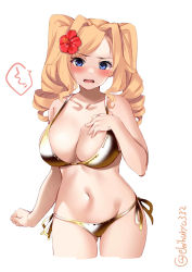 Rule 34 | 1girl, bikini, blonde hair, blue eyes, blush, breasts, cleavage, clenched hand, collarbone, cowboy shot, drill hair, ebifurya, embarrassed, gold bikini, halterneck, hand on own chest, highres, honolulu (kancolle), kantai collection, large breasts, light blush, long hair, navel, open mouth, side-tie bikini bottom, simple background, smile, solo, sparkle, stomach, string bikini, swimsuit, twin drills, twitter username, white background