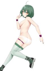 Rule 34 | 1girl, ahoge, ankle boots, ass, blush, boots, breasts, closed mouth, commentary request, from side, green footwear, green hair, green thighhighs, hand up, highres, leg up, looking at viewer, looking to the side, medium breasts, nail polish, original, panties, red nails, running, short hair, sideboob, skindentation, sweatband, thighhighs, topless, underwear, white panties, yellow eyes, zerotwenty (020)