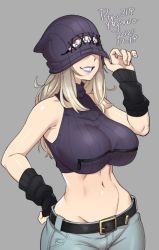 Rule 34 | 1girl, agawa ryou, artist name, breasts, clenched teeth, dated, grey background, hat, large breasts, long hair, navel, original, platinum blonde hair, simple background, smile, solo, teeth