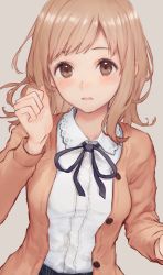 Rule 34 | 1girl, blue bow, blush, bow, bowtie, brown eyes, cardigan, highres, idolmaster, idolmaster shiny colors, kouzuki kei, light brown hair, long hair, looking at viewer, open cardigan, open clothes, parted lips, sakuragi mano, shirt, simple background, solo, upper body